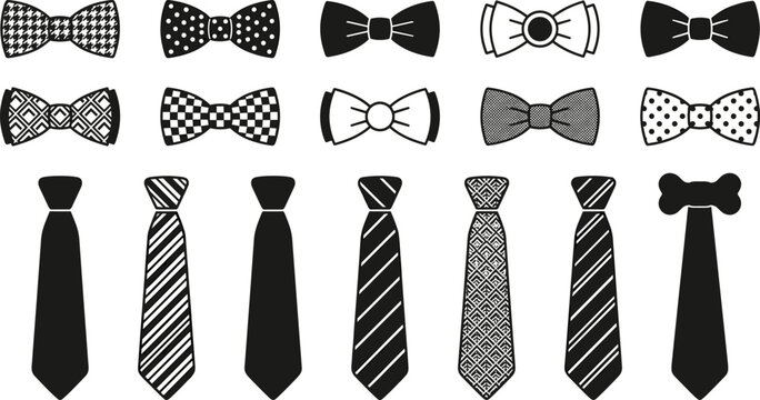 Necktie and bow tie vector icon set featuring various formal neckwear patterns like polka dot stripes houndstooth checkered and solid black silhouettes
