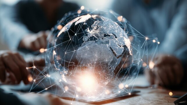 Digital globe with interconnected network lines and glowing data points representing global communication and technology collaboration on a wooden table