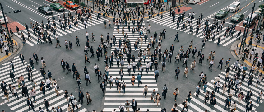 Crowded pedestrian crossing in a bustling city intersection