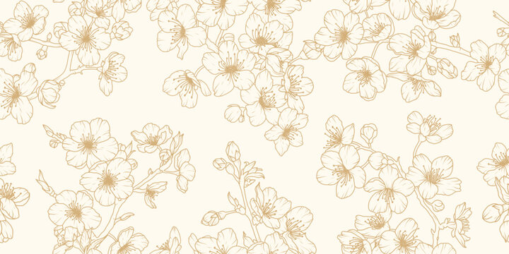Sakura blossom seamless pattern. Flower cherry line art golden background. Floral vintage japanese spring branch botanical gold ornament. Vector outline illustration