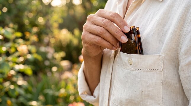 Woman placing sunglasses into patch pocket of linen shirt in garden  