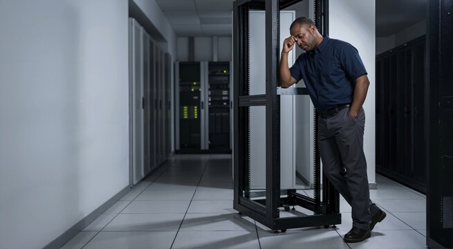 Stressed Black IT specialist leaning against an empty server rack in a data center. Exhausted male system administrator rubbing his forehead late at night