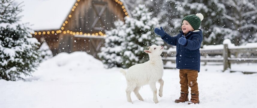 Toddler boy and baby goat trying to catch falling snowflakes. Happy child playing in winter holiday atmosphere with farm animal