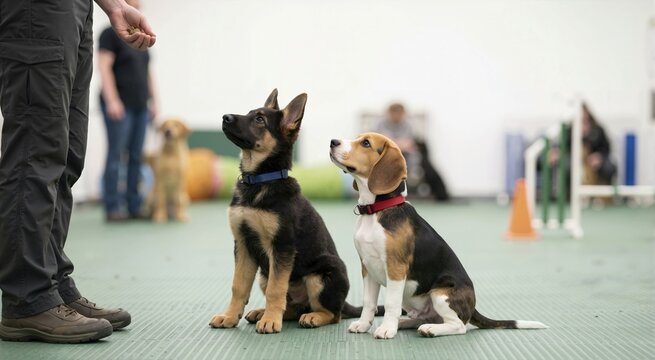 German Shepherd and Beagle puppies sitting together during obedience training. Two young dogs looking up at a trainer holding a treat