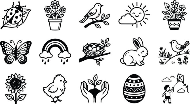 Spring season nature icon set featuring cute Easter bunny chick egg butterfly sunflower ladybug bird nest and rainbow vector illustration
