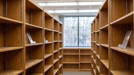 Obraz premium Empty retail shelving in a large store, inventory shortage, supply disruption, consumer uncertainty, economic slowdown.