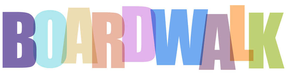 Multicolored boardwalk sign, pastel colored letters, white background, typography design element © Asil