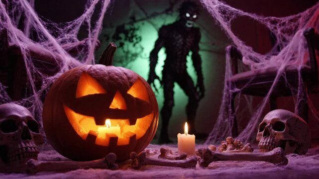 Spooky halloween scene with glowing jackolantern, skulls, bones, and a terrifying monster silhouette