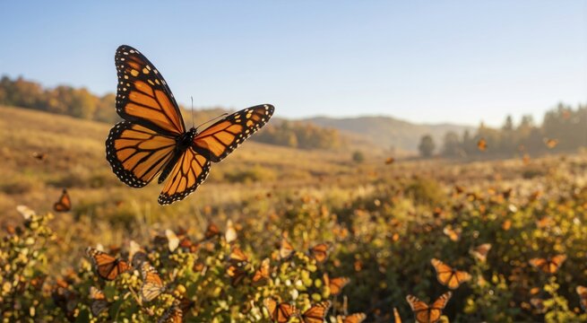 Monarch butterfly flying over a field during migration. Large swarm of orange insects in an autumn landscape under a blue sky
