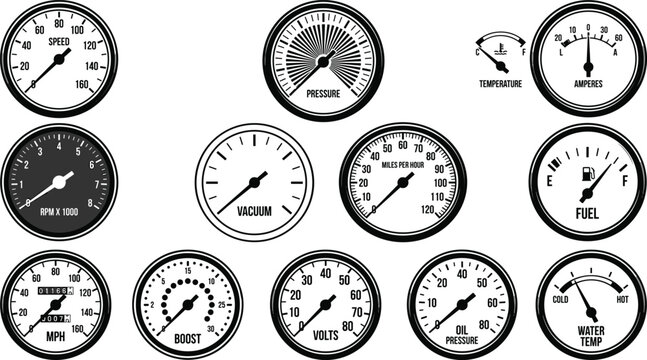 Vintage car dashboard gauge icon set with speedometer fuel level oil pressure voltage vacuum and temperature meter vector illustration