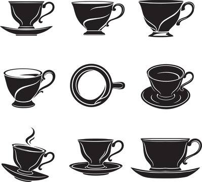 Tea Cup Silhouette Vector Icon Set Collection with Teacup, Coffee Cup, Saucer, and Hot Beverage Symbols Isolated on White Background