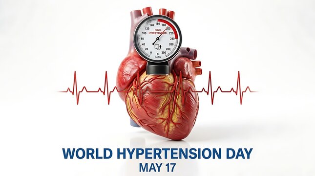 World Hypertension Day awareness poster with a heart and blood pressure gauge on a white background
