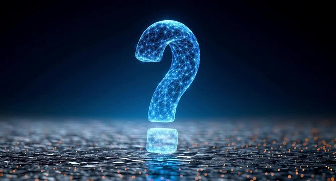 Luminous blue question mark icon formed by a plexus network hovering over a dark, reflective high tech surface, symbolizing concepts of inquiry, technology, data analysis, and problem solving