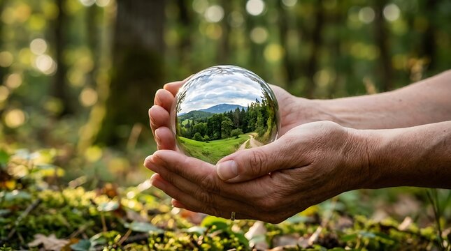Hands cradling a reflective crystal ball with a serene forest landscape inside, symbolizing world peace and harmony with nature on International Day of Peace.