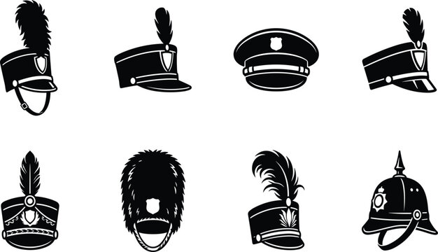 Art & IllustrationSet of military and ceremonial headgear icons featuring traditional soldier hats and historic uniforms