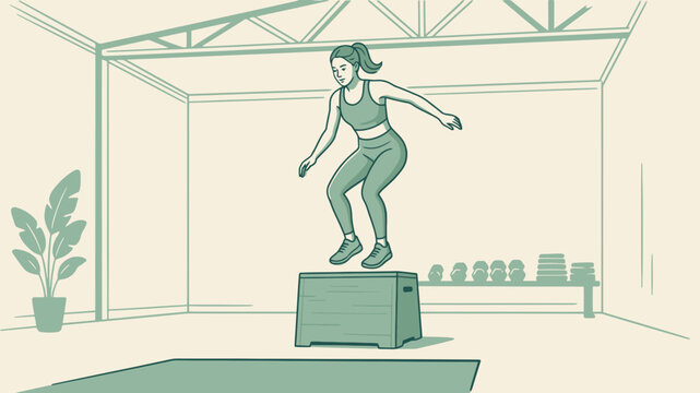 Female athlete jumping onto a plyometric box during a high intensity workout