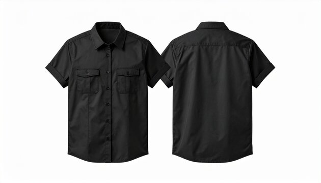 Black button‑up shirt front and back with pockets displayed