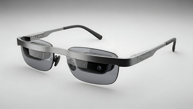 Augmented Reality Smart Glasses with Sleek Brushed Metal Frame and Integrated Cameras