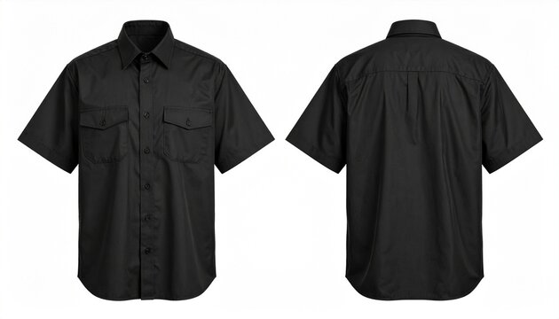 Black button‑up shirt front and back with pockets displayed