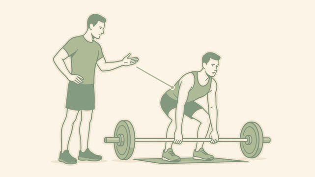 Fitness coach correcting a man's back posture during a barbell squat exercise