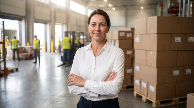 Confident smiling professional woman manager with arms crossed standing in busy warehouse logistics facility