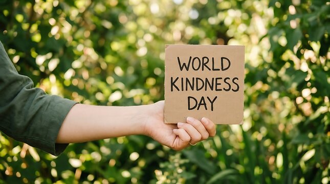 Hand holding cardboard sign that reads World Kindness Day in a natural setting promoting peace and harmony