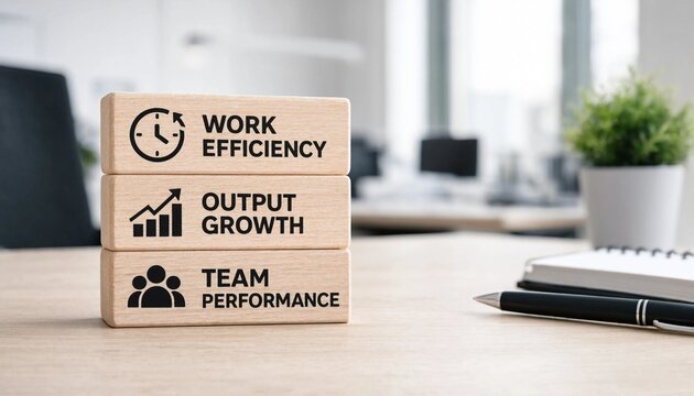 Wooden blocks with work efficiency output growth and team performance text on office desk with pen and plant in background  business productivity concept