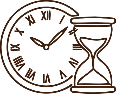 Hand-drawn clock with roman numerals and hourglass, vintage time management outline illustration
