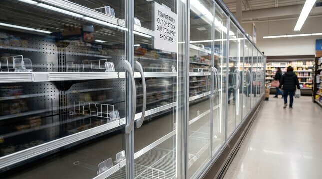 Empty refrigerated supermarket display during food shortage, supply chain disruption, retail crisis, consumer preparedness, inventory depletion.