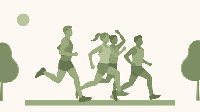 Group of men and women jogging in a park under a bright sun for morning exercise