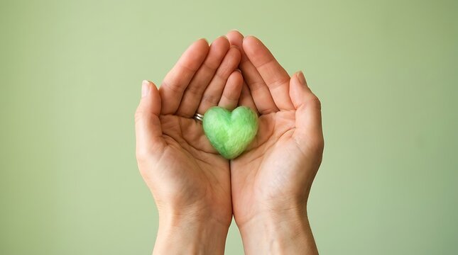 Hands cradling a green heart symbol on World Peace Day, representing love and harmony