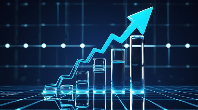 Digital blue graph with rising arrow and grid pattern for business success.