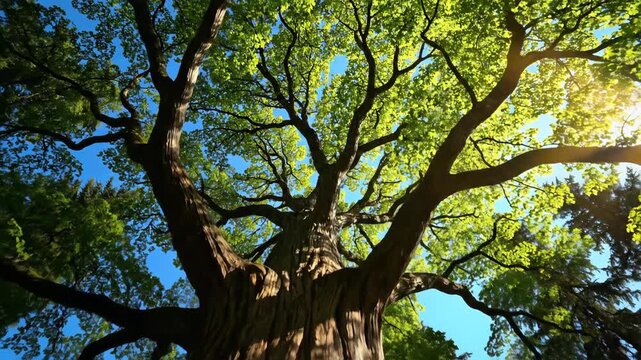 Low angle view of giant tree trunk and green canopy