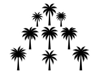 Naklejka premium Tropical palm tree silhouettes against white background. Minimalist black and white vector-style palm icons for design projects