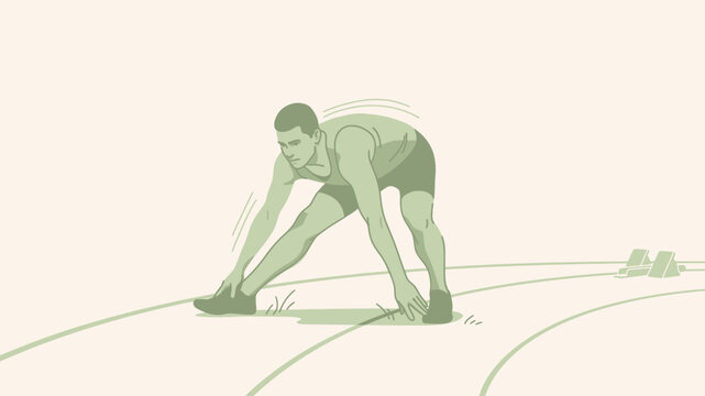 Focused male athlete in starting blocks preparing for a sprint race on a running track