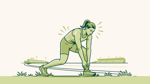 Female athlete stretching her ankle on a running track with a stadium in the background