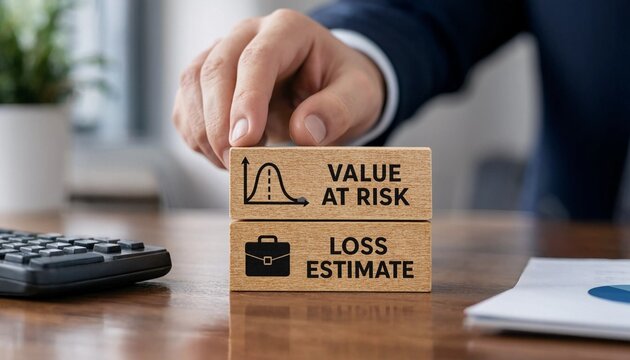 Businessman placing wooden block with value at risk and loss estimate on office desk with calculator and documents  finance concept