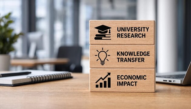 University research knowledge transfer and economic impact concept with wooden blocks on office desk  education and innovation
