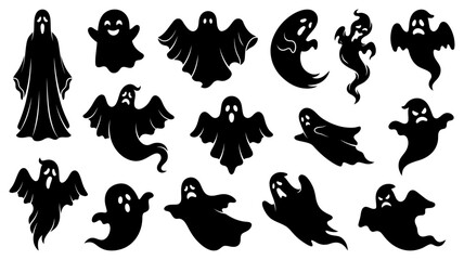 Fototapeta premium A collection of various hand-drawn white pumpkin with different carved faces isolated on a solid black background, for seasonal holiday decor