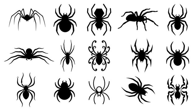 A collection of various spooky ghost silhouettes isolated on a plain white background, featuring different spectral shapes, expressions, and poses for halloween