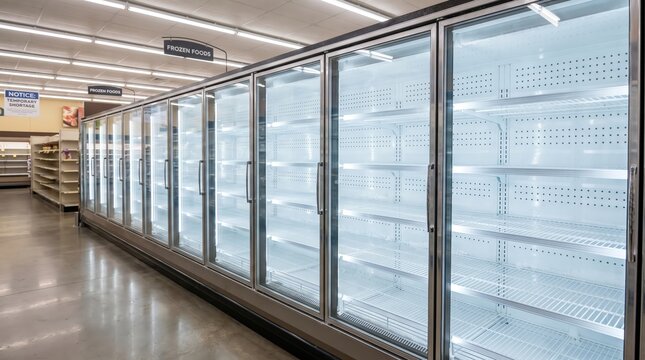 Rows of empty refrigerated grocery cases after food shortage, retail supply disruption, inventory depletion, consumer uncertainty, economic pressure.