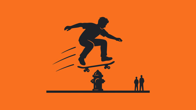 Silhouette of a skateboarder performing a jump over a fire hydrant with onlookers on an orange background