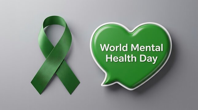 Green ribbon and heart symbolize World Mental Health Day awareness and support for mental wellness and self-care