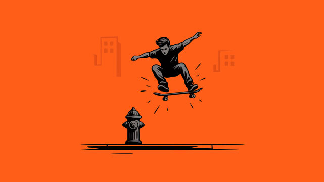 Stylized illustration of a skateboarder leaping over a fire hydrant with faint city silhouettes on orange background