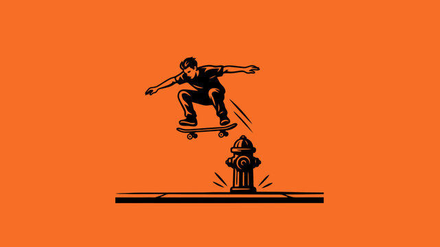 Stylized illustration of a skateboarder performing a trick over a fire hydrant against a bright orange background
