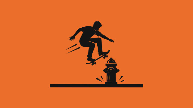 Silhouette of a skateboarder performing an aerial trick over a fire hydrant on a vibrant orange background