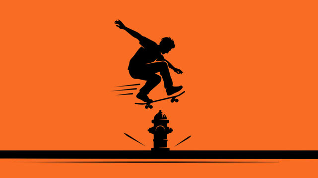 Silhouette of a Skateboarder Performing a Jump Over a Fire Hydrant on Orange Background