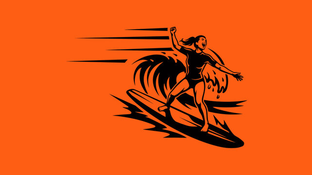 Dynamic vector graphic of a female surfer riding a wave with celebratory fist pump