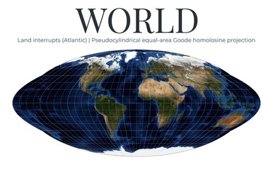 World Map in Goode Homolosine Projection. Detailed physical land interrupts Atlantic. High-resolution globe view. April View. Elements of this image furnished by NASA. © Eugene Ga