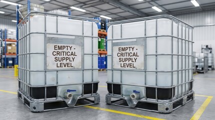 Naklejka premium Industrial liquid storage container with low reserve level, water shortage, utility infrastructure, resource management, emergency preparedness.